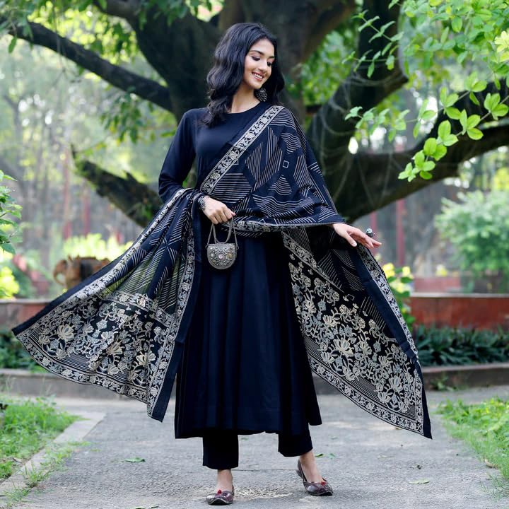 Toochki Women's Rayon Regular Ethnic Kurti Set (Toochki279-Krn/S_Black