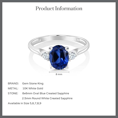 Miniatura 6 de Anillo de compromiso de oro blanco de 10 quilates con 3 piedras preciosas para mujer, piedra natal y zafiro blanco creado, ovalado de 0.315 x 0.236