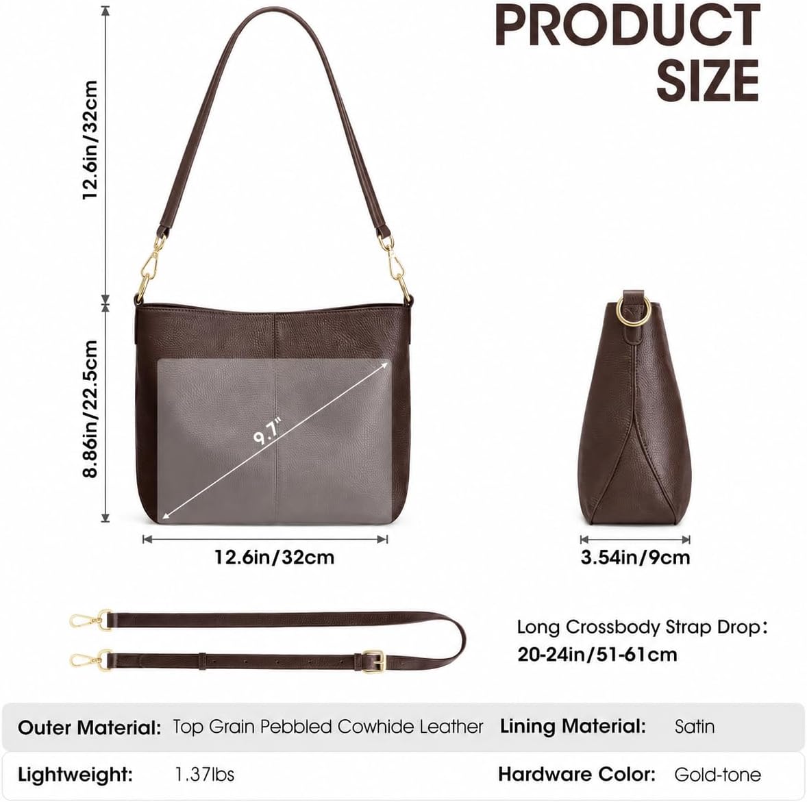 Kattee Leather Crossbody Purse,Handbag Hobo Bag with 2 Straps,Coffee