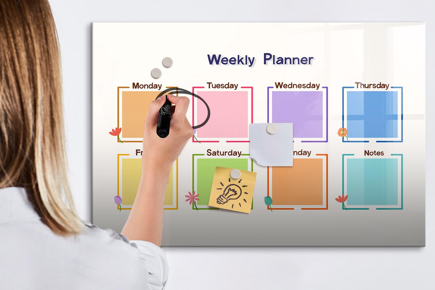 Lavagna Magnetica in Vetro con Accessori Inclusi | Magneti Potenti, Pennarello e Gomma | Perfetta per Organizzare Idee e Note - 90x60 - Agenda settimanale