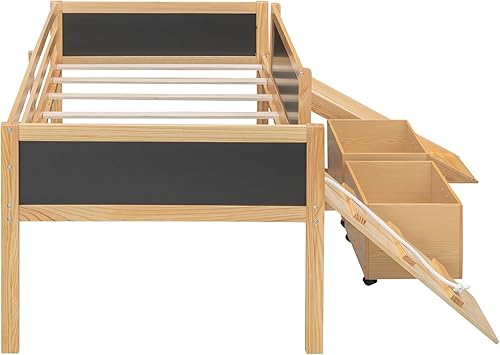 Miniatura 5 de CITYLIGHT Cama alta baja con tobogán, cama individual de madera para niños, cama alta individual con 2 cajas de juguetes y pizarra decorativa para