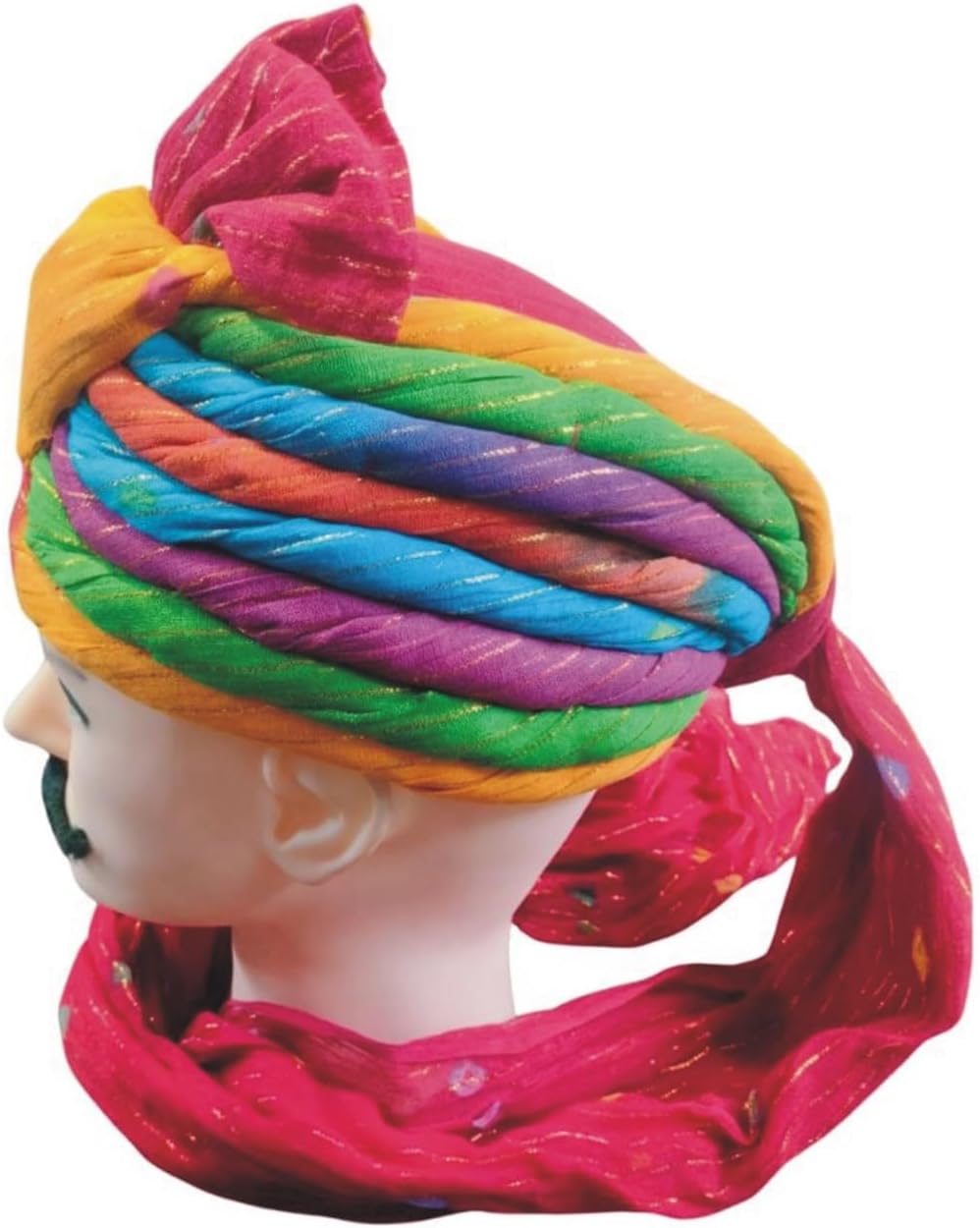 DEHATIBAZAR | Traditional Turban with Tail | Safa with Bow | Red Base with Navy, Green, Orange Stripes | Rajasthani Safa | Provided with rubber ball support
