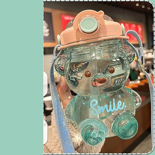 Kawaii Bear - Botella de agua con popote, con calcomanías, botella portátil de dibujos animados con popote y lazo de transporte, correa ajustable