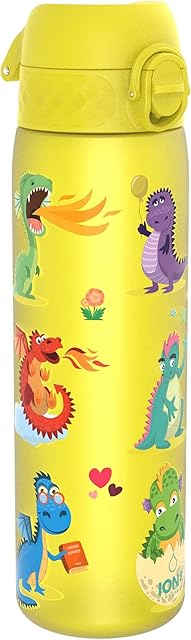 Ion8 Butelka na Wodę, 500 ml/18 oz, Szczelna, Łatwe Otwieranie, Bezpieczny Zamek, Można Myć w Zmywarce, Bez BPA, Higieniczne Pokrycie, Uchwyt do Przenoszenia, Łatwa Czyszczenie, Bezwonny, Motyw Smok