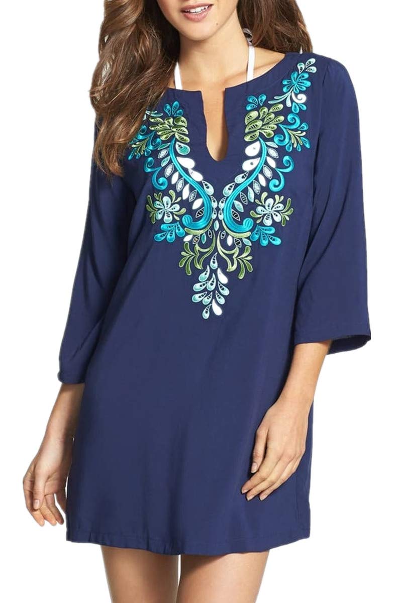 L-Peach Túnica Pareo con Floral Bordado de Algodón Verano Playa Bikini Cover Up
