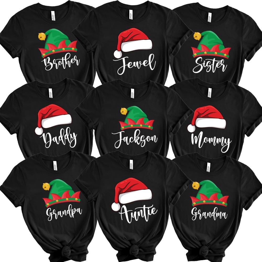 Custom Christmas Family Shirts, Christmas Group Pajama Matching T-Shirts, Santa and Elf Hat Custom Tees, Personalized Family X-Mas Pj Shirts, Holiday T-Shirt, D244 - Image 2