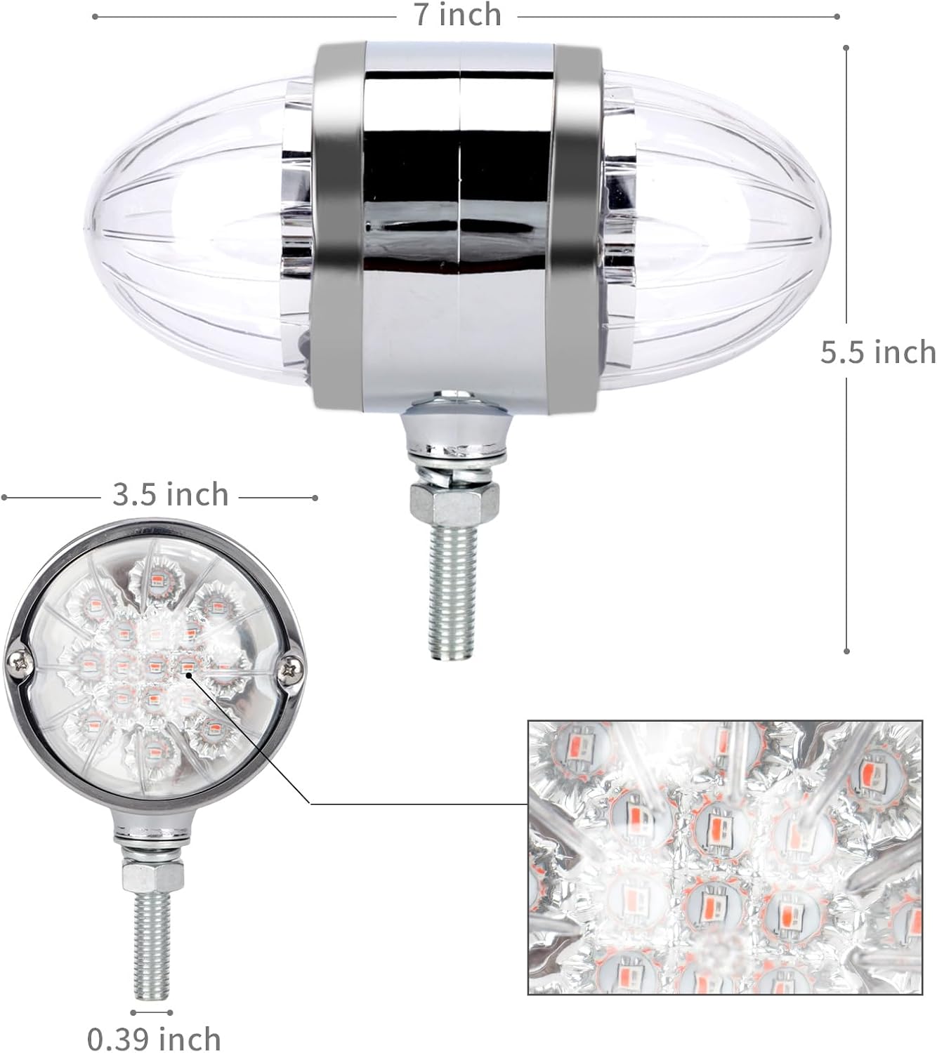 2PCS 17 LED Double Face Dual Revolution Amber Red Turn Signal and Marker to Green Auxiliary Watermelon Lights, 3.5" LED Turn Signal Fender Lights, Clear Lens with Reflector Chrome Pedestal Lights