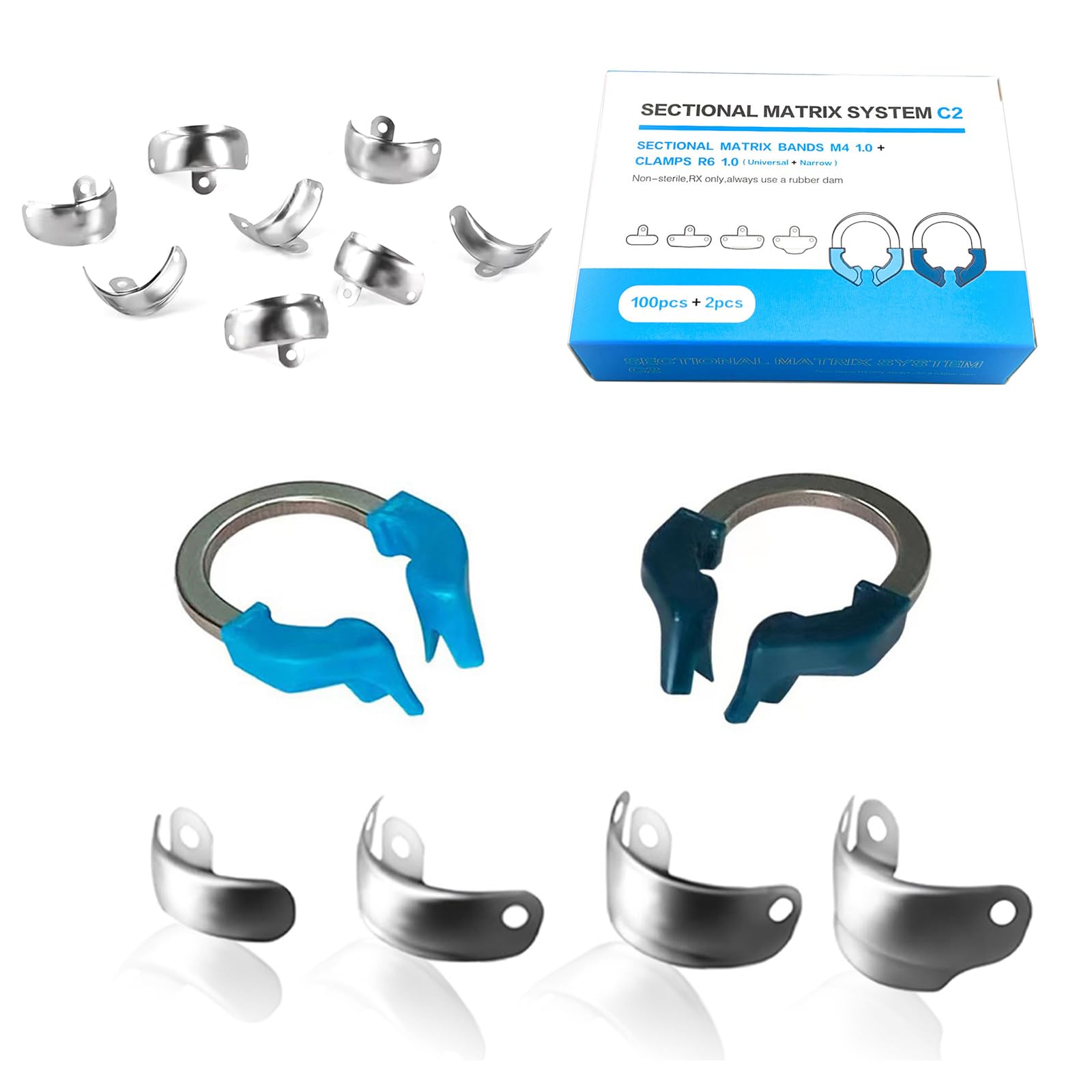 HUALNYK Dental Sectional Matrix System, M4 Dental Matrix Bands, R6 Nickel Titanium Clamp Ring, Sectional Contoured Metal Matrices (C2)