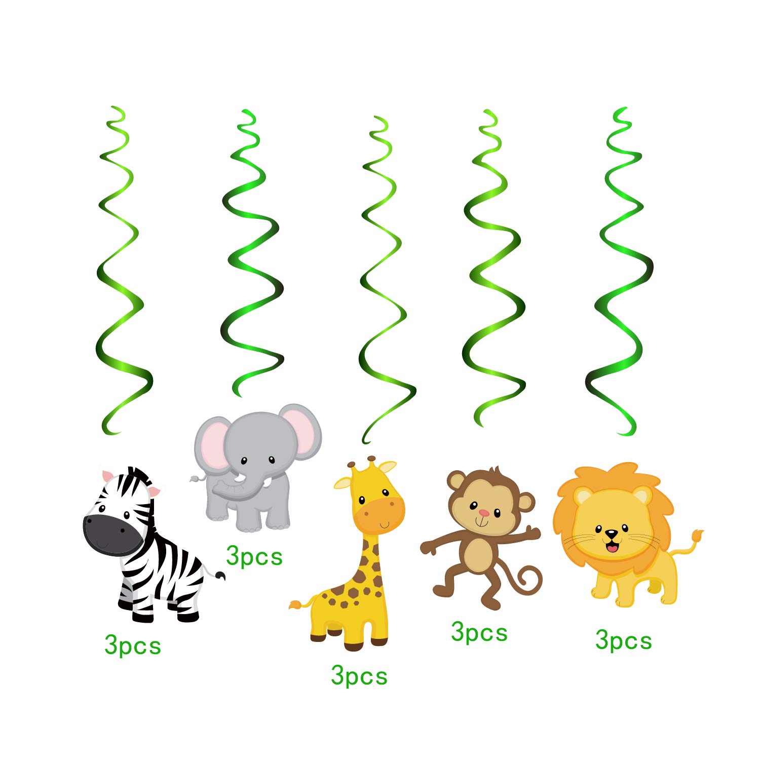 Jungle Animal Party Decorations - 30 Pack Hanging Swirl Streamers With Lions, Elephants, Monkeys