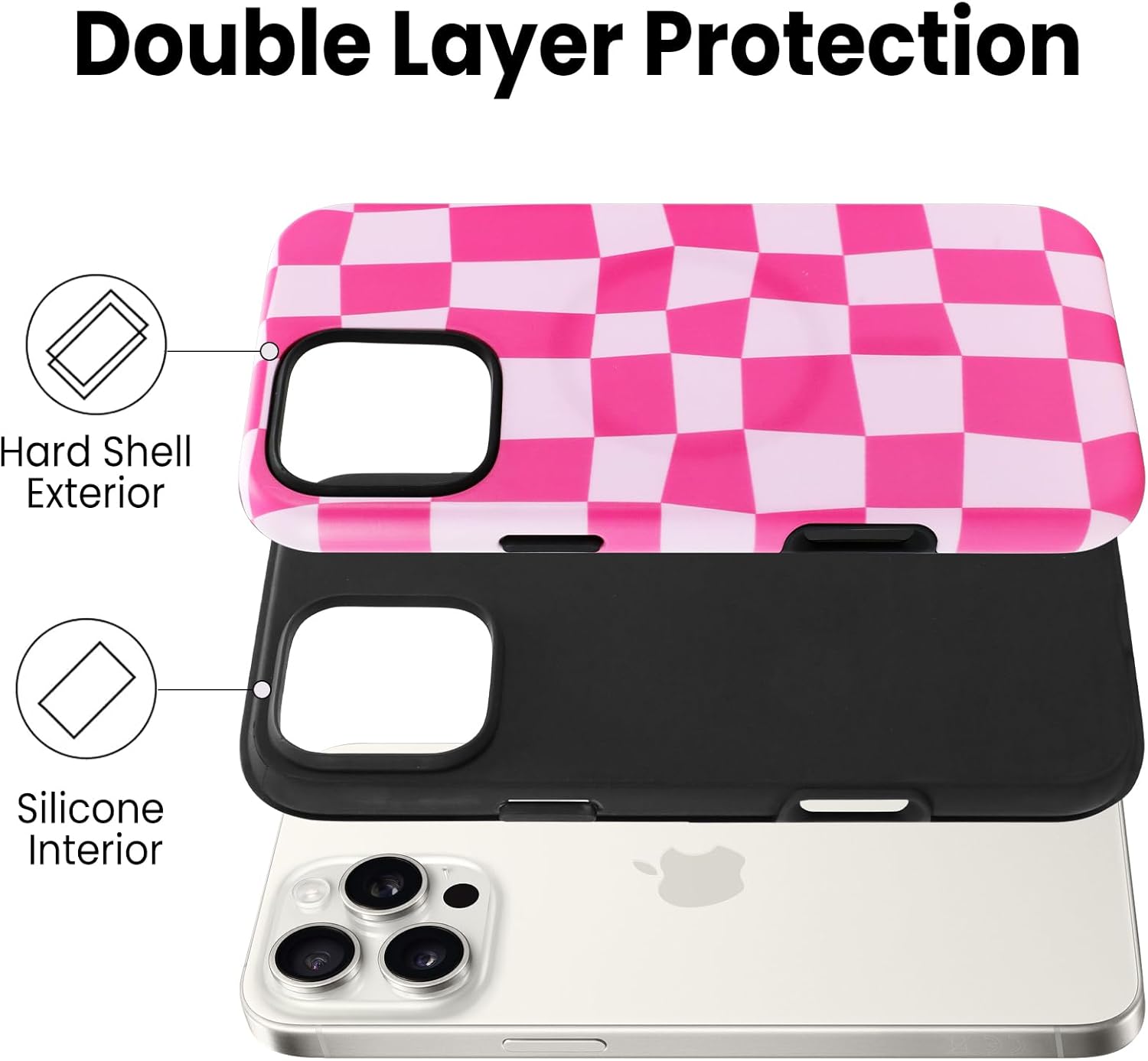SOKAD Magnetic Checkered Phone Case for iPhone 16 Pro Max, Cute Grids Plaid Checkerboard Pattern Compatible with Magsafe Matte Protective Case Cover with Screen Protector for Girls Women, Hot Pink - Image 3