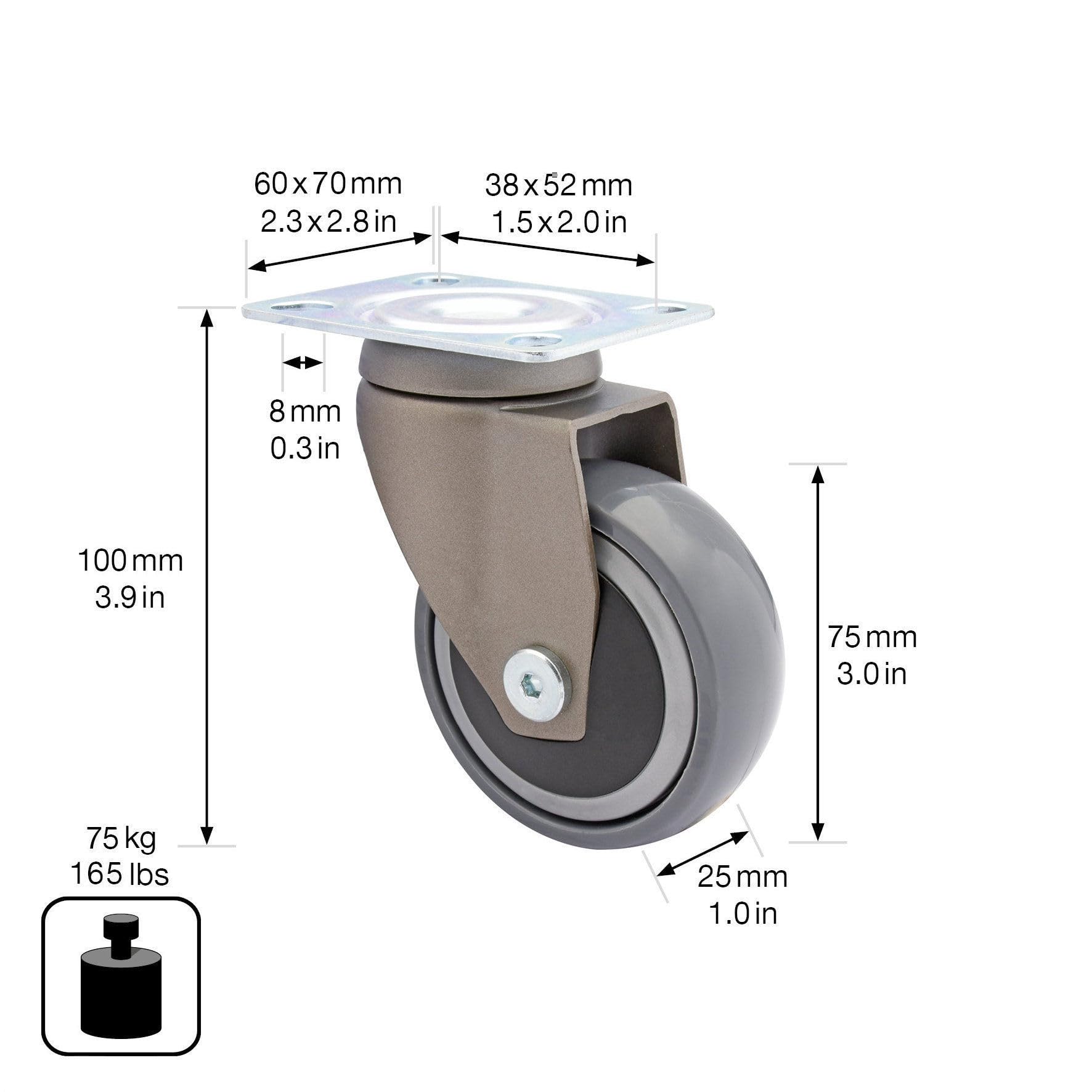 WAGNER design, 3C, swivel castor/furniture castor, grey, soft tread, diameter diameter 75 mm, ball bearing - Image 2