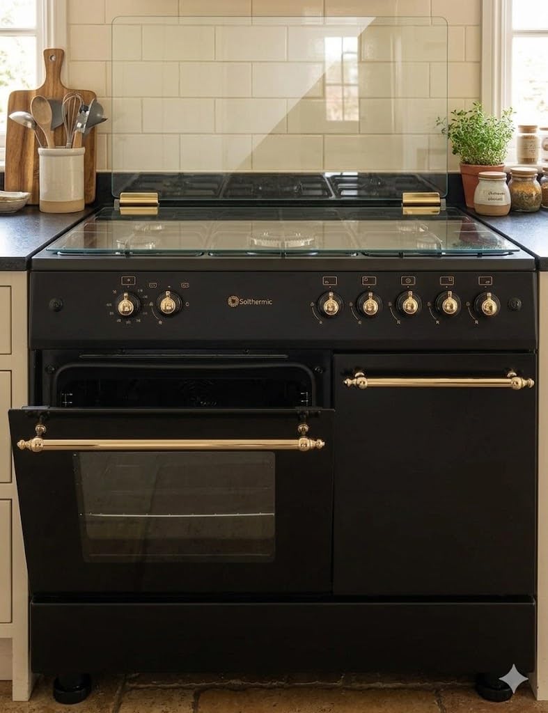PACK COCINA A GAS F9LT50G2 PORTABOMBONA NEGRA RÚSTICA + CAMPANA DECORATIVA NEGRA RÚSTICA/ANCHO 90 CM/FUEGOS CON ENCENDIDO AUTOMATICO/HORNO 64 L.