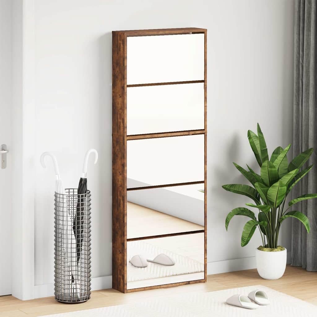 Scarpiera con Specchio 5 Livelli Rovere Fumo 63x17x169,5 cm