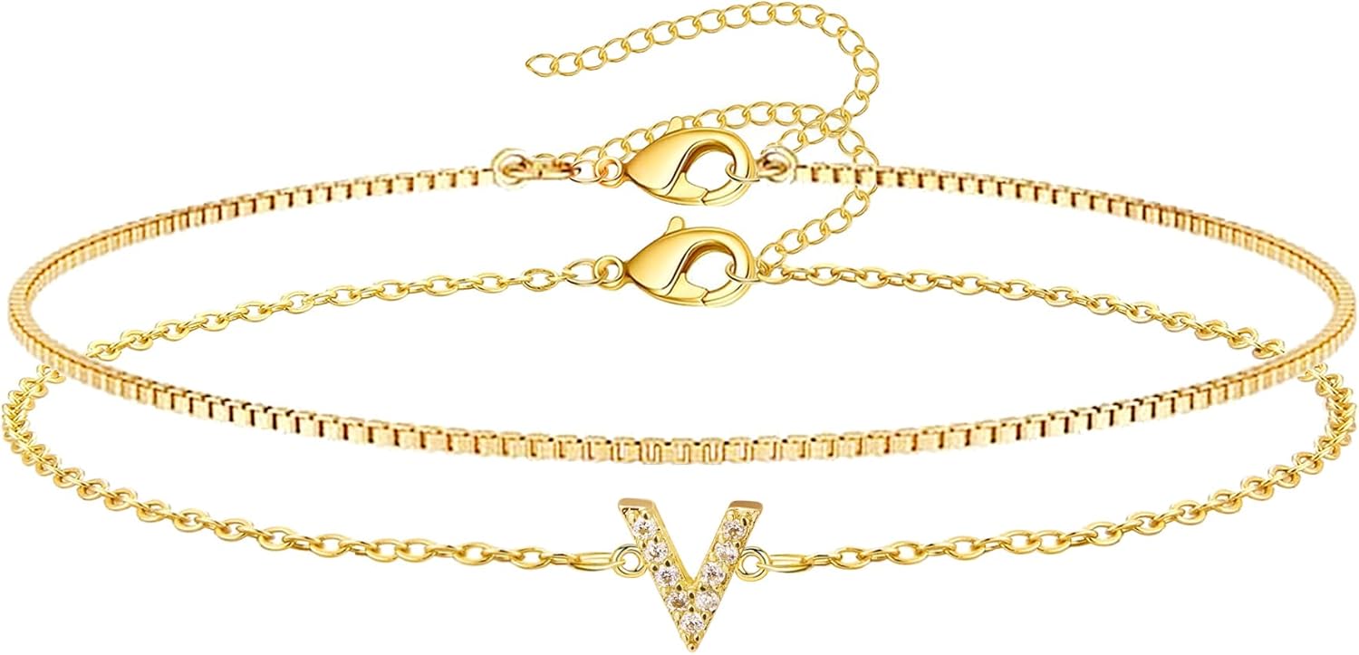 Gold Initial Bracelets for Women, Dainty 14K Gold Plated Letter Initial Bracelet for Women, Cute Layered Box Chain Gold Bracelets for Women Trendy Jewelry