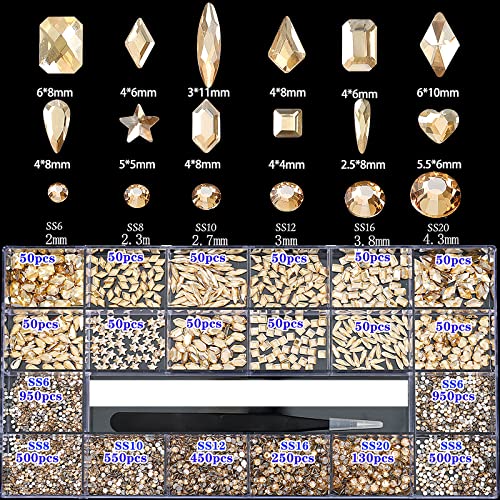 4880Pcs Champagne Rhinestones For Nails, Gold Crystal Nail Rhinestones Round Beads Flatback Glass Gems Stones, Multi Shapes Rhinestones 3D Nail Crystals For Nail Art Diy Crafts Clothes Shoes Jewelry #TOP1