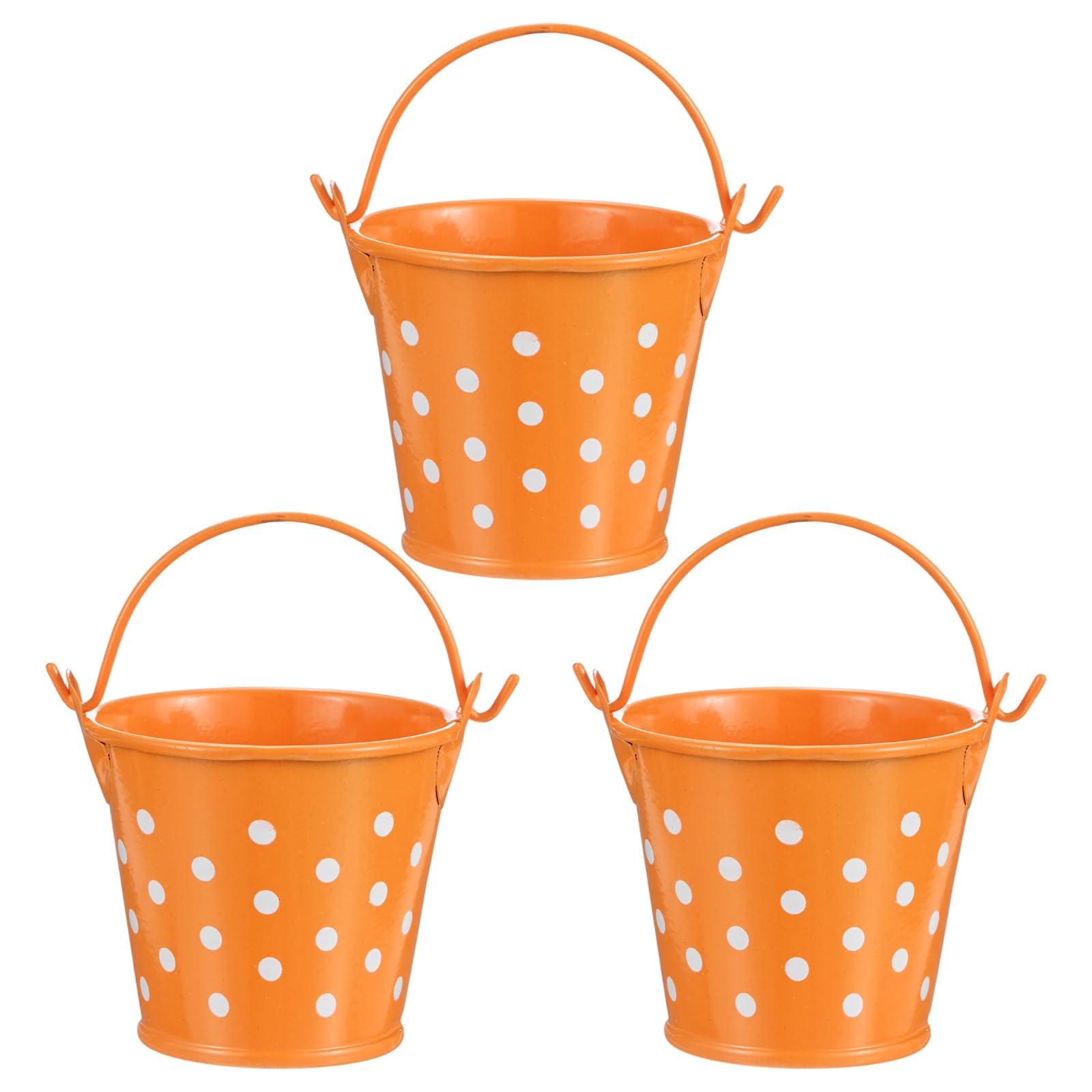 M METERXITY 3-Pack Small Metal Bucket with Handle, 2.4 x 2 Inch Iron Mini Buckets for Farmhouse Flower/Garden Planters/Decorative Table Centerpieces [Polka Dots, Orange]