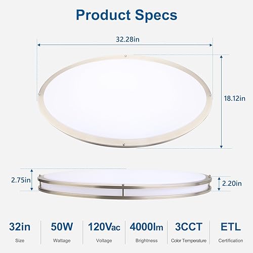 Miniatura 5 de DAKASON Lámpara LED ovalada de 32 pulgadas para cocinasala de estar, lámpara de techo LED grande de 50 W, 3500 K4000 K5000 K ajustable, regulable