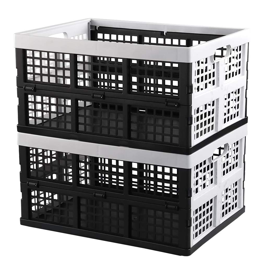 Hespapa 35 Quart Folding Crates, Plastic Collapsible Storage Container Milk Crate Baskets, 2 Packs