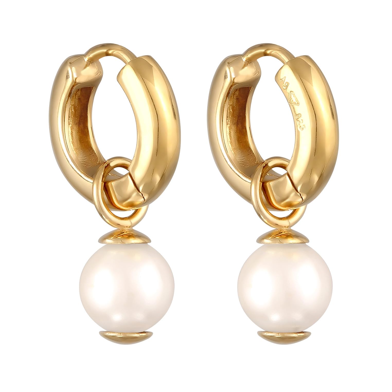 Kuzzoi Orecchini da uomo in argento 925 placcato oro (12 mm) orecchini a cerchio rotondi per l'uomo classici orecchini con perla di conchiglia, Argento sterling Oro giallo