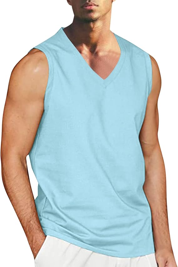 Débardeur D'été Pour Homme - Col En V - Simple - Mode - Pour La Plage - En Coton Et Lin - Pour L'entraînement - Pour Les Vacances Hawaïennes, AG, S