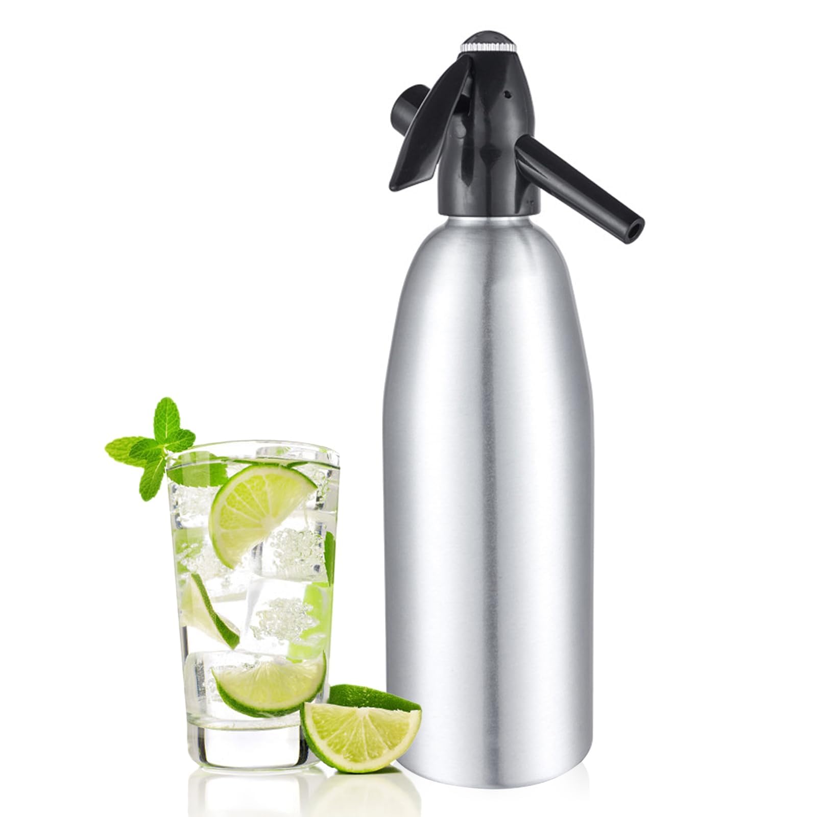 Sparkling Water Maker, 1L Soda Siphon, Aluminum Soda Makers for Home, Portable Water Maker for Soda Water, Cocktails or Soda Water, Use 8 gram CO2 Cartridges(Not Included) (Sliver)