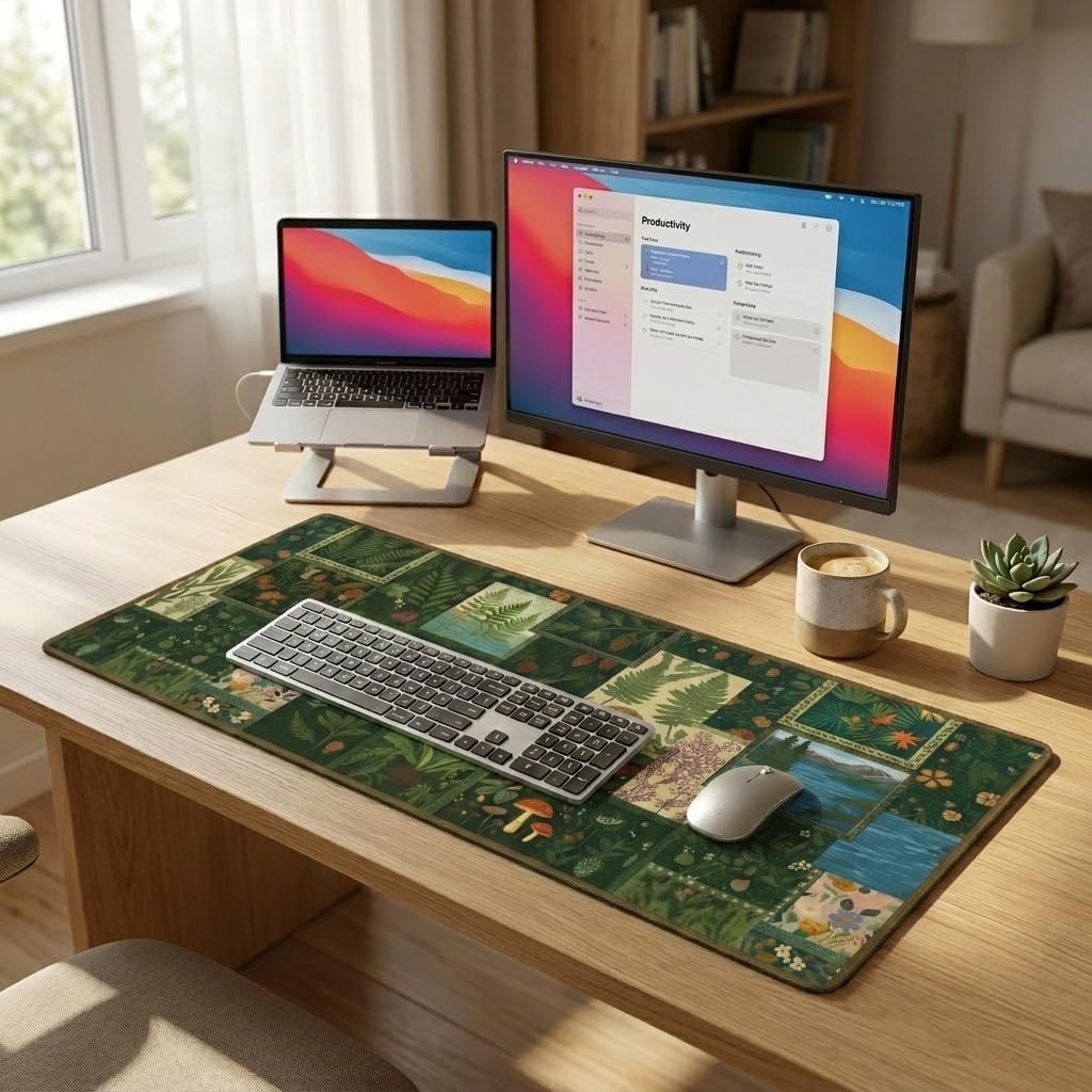 CONCISE Large Desk Mat 35.4x15.7, Moss Green Botanical Collage Mouse Pad image 3