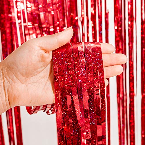 Image of GREATRIL Red Fringe Curtains Party Streamers Backdrop Foil Tinsel Curtain Decoration for Stranger Theme Party Christmas Valentines Day Party 2 Pack