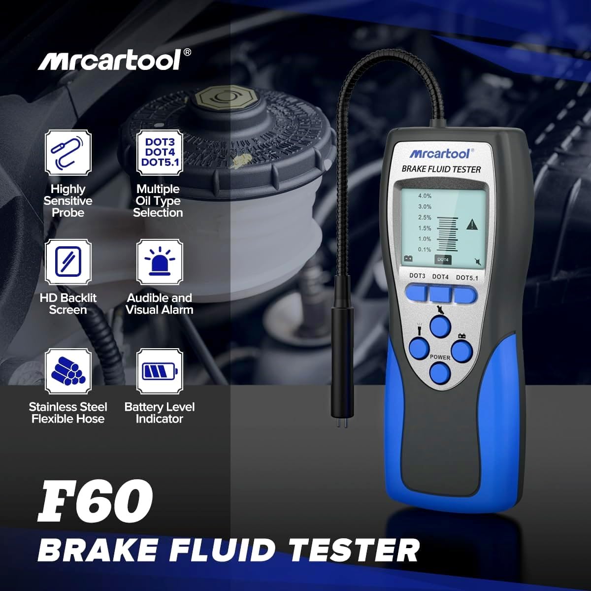 Brake Fluid Tester with Sensitive Probe, Digital Brake Fluid Detector Moisture Detecter for DOT3 DOT4 DOT5.1, High Precision Brake Fluid Liquid Tester with 2.8" LCD Display & 9.8in Hose