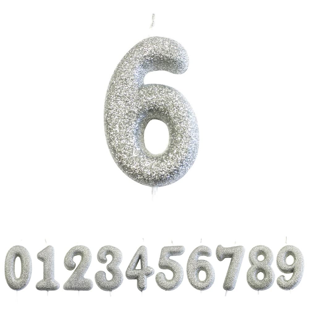 Anniversary House Metallic Silver Glitter Candle, Number 6, 6th Birthday Cake Topper, 7 Centimeters, AHC40/6