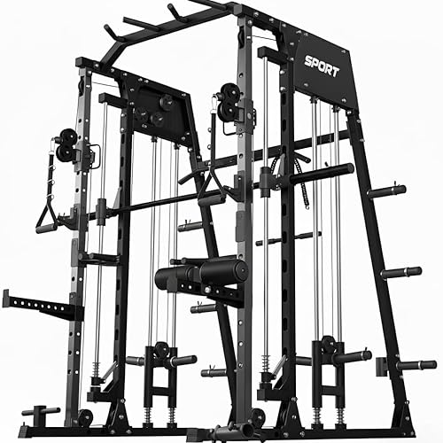 Smith Machine - Gimnasio en casa, jaula de potencia todo en uno, equipo de entrenamiento de 2200 libras, gimnasio multifuncional con estante para