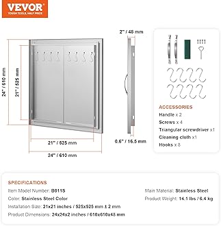 VEVOR BBQ Access Double Door, 24W x 24H Inch Outdoor Kitchen, Stainless Steel Flush Mount, Double Wall Vertical With Handles and Hooks, for BBQ Island, Grilling Station, Outside Cabinet