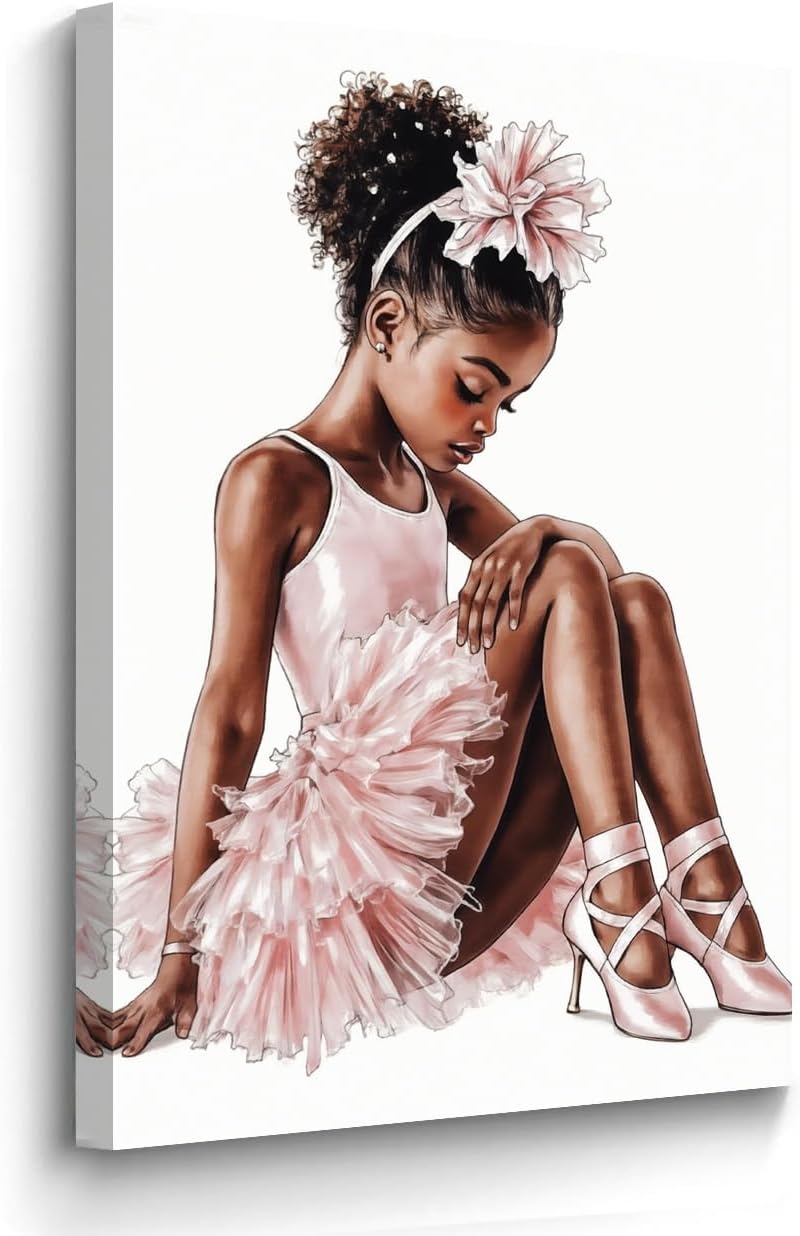 BJYCHG Black Ballerina Wall Decor for Kids Pink Girls Nursery Wall Art African American Canvas Prints Ballet Dancer Paintings for Girls Bedroom Room Decor (Black, 18L x 12W)