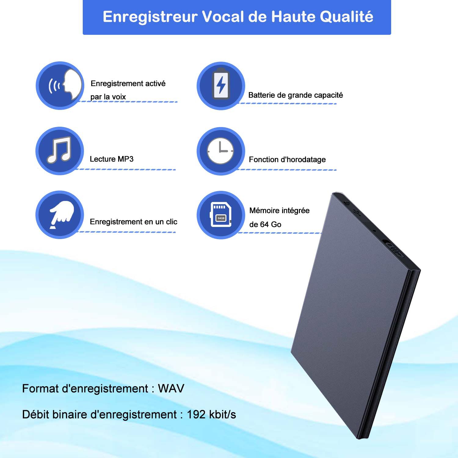 Enregistreur Vocal Mini 64 Go Enregistreur Vocal Professionnel avec Activation Vocale 60 Heures d'enregistrement Enregistreur Vocal Rechargeable USB pour Réunions Interviews Leçons