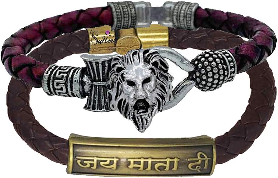 SulleryReligious Loin Head and Jai Mataji Arm Cuff Combo Set Silver and Brown Leather Brass Bracelet for Men and Women