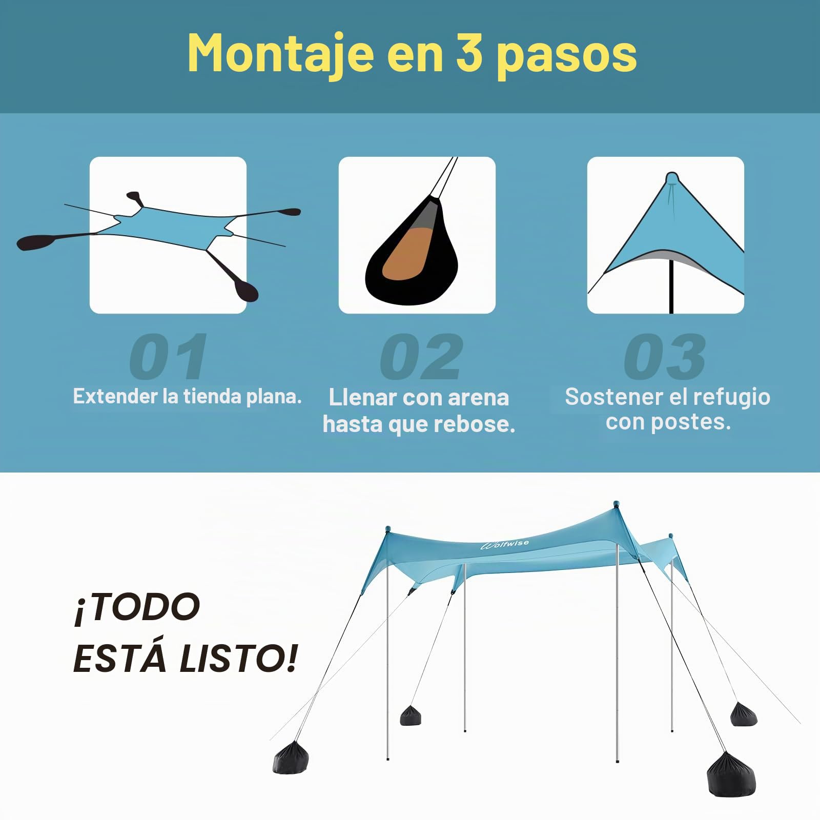 WolfWise UPF50+ Carpa de Playa con protección Solar, sombrilla para 2-6 Personas, fácil configuración, Resistente al Viento y Agua, toldo de Playa Azul