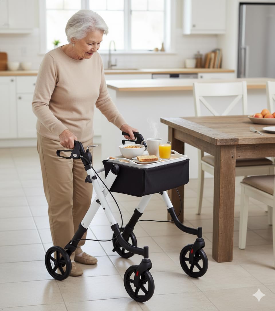 Andador Rollator para minusválidos, ancianos, ligero, plegable, frenos por presión, aluminio con bandeja transparente y bolsa extraíble, ruedas de 20 cm diámetro.