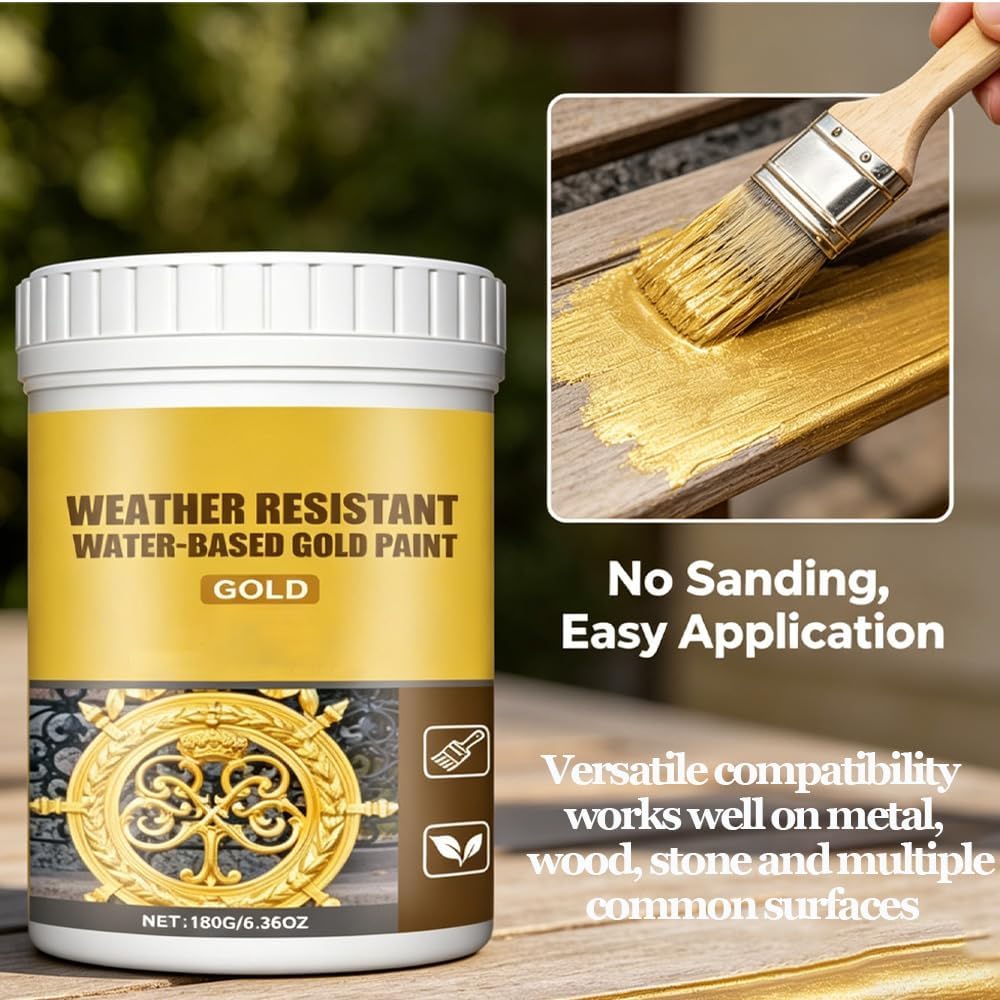 Weather Resistant Water-Based Gold Paint, Metallic Gold Acrylic Paint, Easy Application, No Sanding, Fast-Drying, DIY Crafts, for Metal, for Wood, for Stone (1PCS)