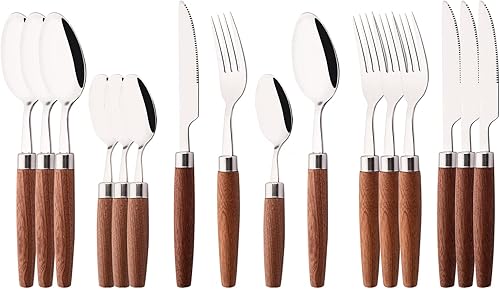 Miniatura 8 de Juego de cubiertos 188 con asas de madera, cuchillo para carne y tenedor, cucharadita, juego de cubiertos reutilizables para el hogar, cocina,