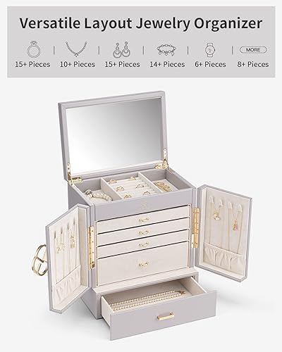 Miniatura 3 de Vlando Caja organizadora de joyas grande, caja de almacenamiento de joyas de 5 capas con espejo y 4 cajones para aretes, collares, anillos y