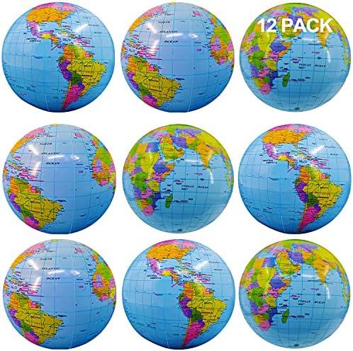 Inflatable Beach Balls Bulk Jumbo 16" World Globe Pool Toys Balls for Pool, Beach, Summer Pool Party - Swimming Pool Game Water Beach Toys Kid Party Favor Luau Decorations Blow Up Beach Ball (12 PACK)