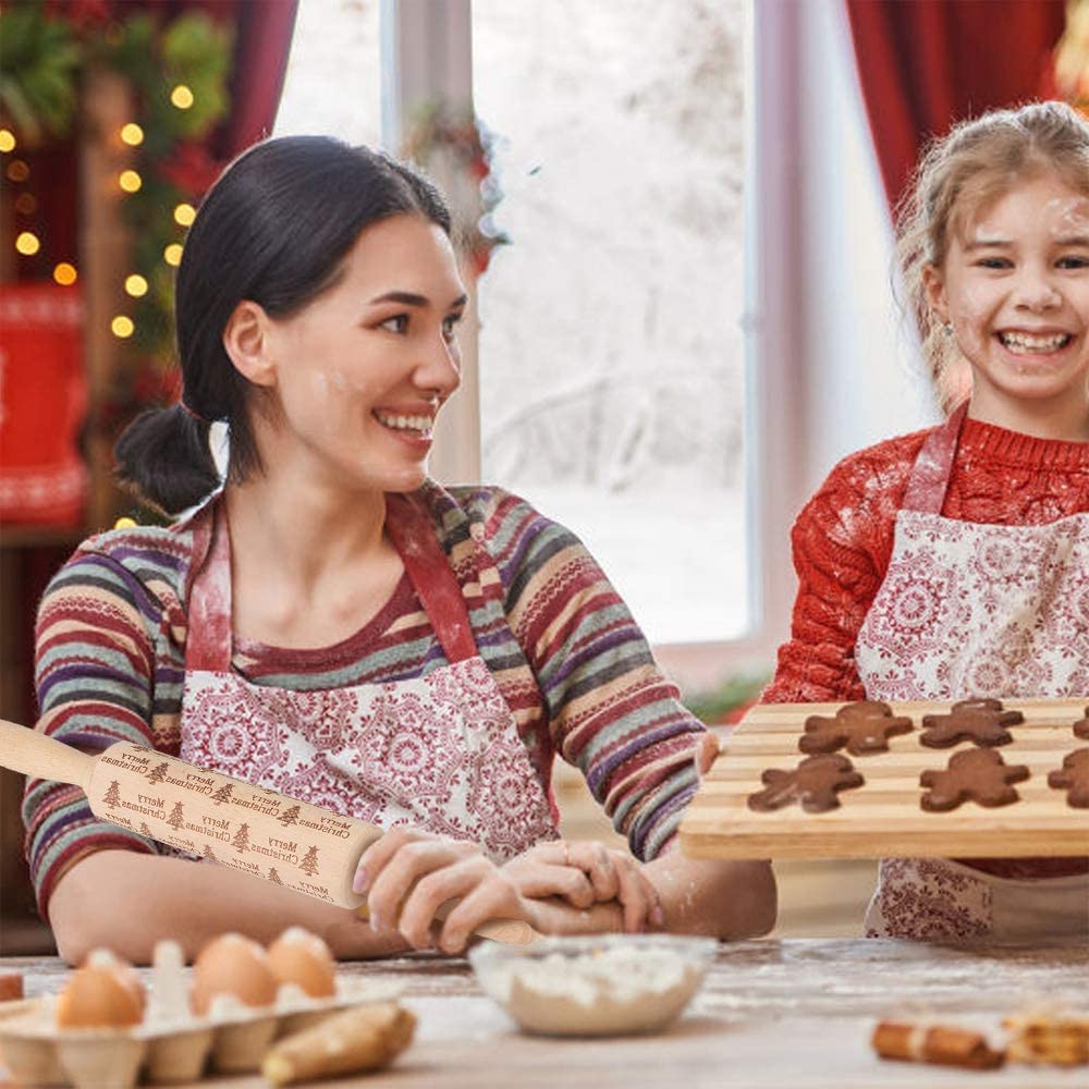 Aoreun Natale Goffratura Mattarello, Mattarello di Natale con motivo natalizio, 3D Rolling Pin Legno, Mattarello Decorativo per Biscotti, Inciso a Forma di mattarello, per Pizza, Biscotti, Impasto