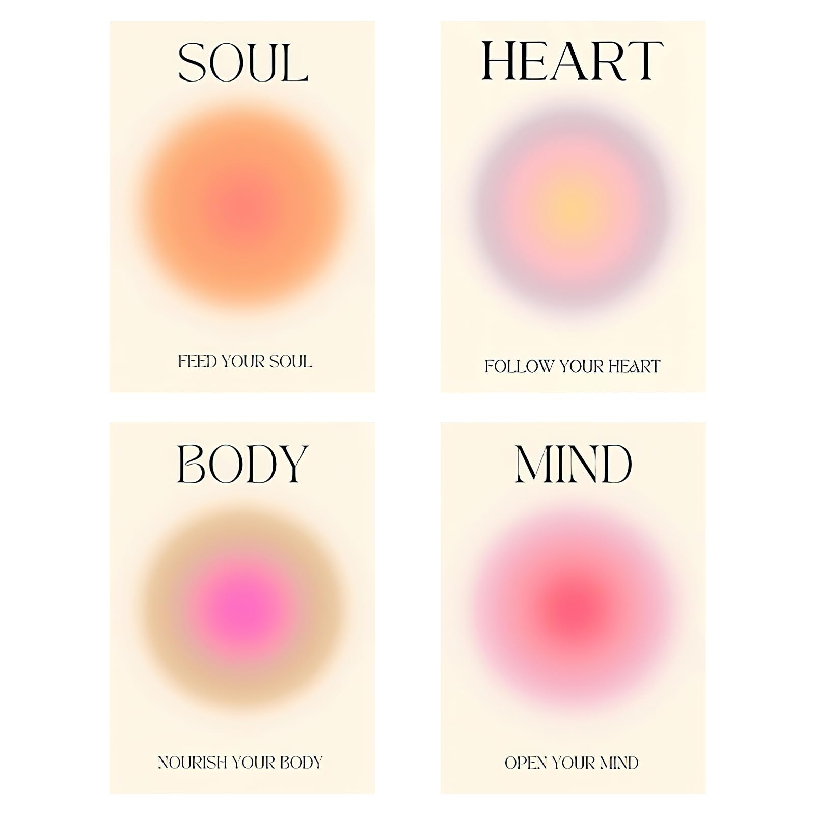 Set Di 4 Poster Aura Da Parete, Stampe Su Tela Con Angeli E Colori Astratti Per Decorazione Casa, Senza Cornice (20x25 Cm, Stile Body Mind Soul)