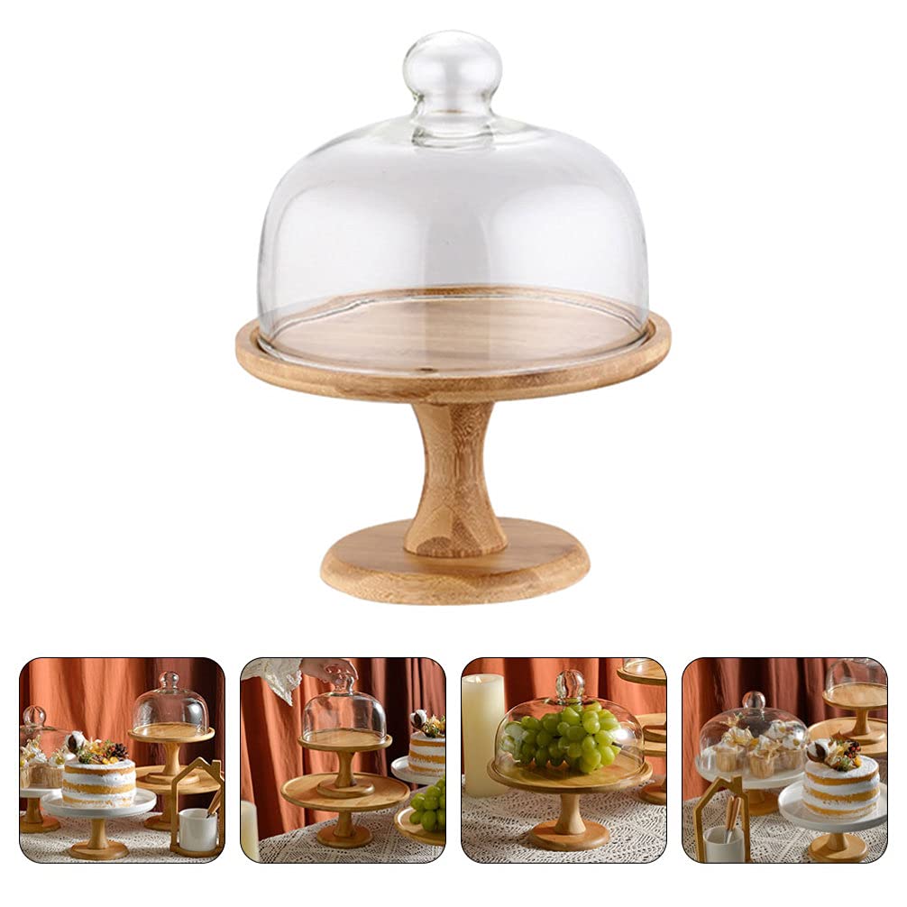 Gâteau Stand avec en Bois Pieds Assiette À Gâteau Serveur avec Cloche De Verre Vitrine Cupcake Dessert Plateau Plateau pour Le Fromage Pâtisseries 255Mm