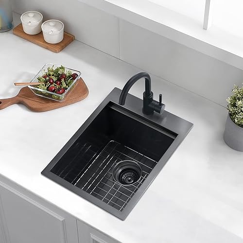 Miniatura 8 de LH006S - Fregadero de cocina de acero inoxidable 30, calibre 16, nano negro, de acero inoxidable profundo, para estación de trabajo, con bordes,