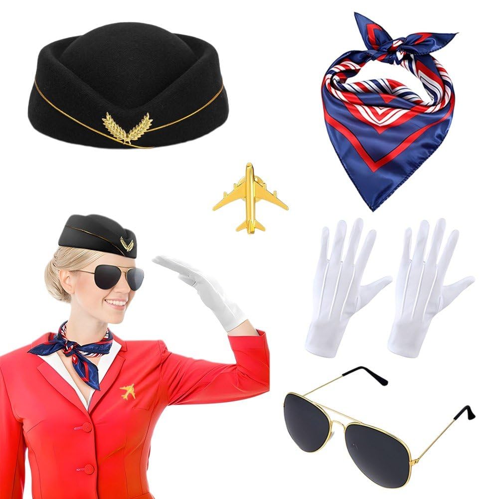 5 Pezzi/Set Accessori per Costume Assistente di Volo, Spille per Cappello Assistente, Guanti, Occhiali Sole, Sciarpa per Travestimenti Cosplay