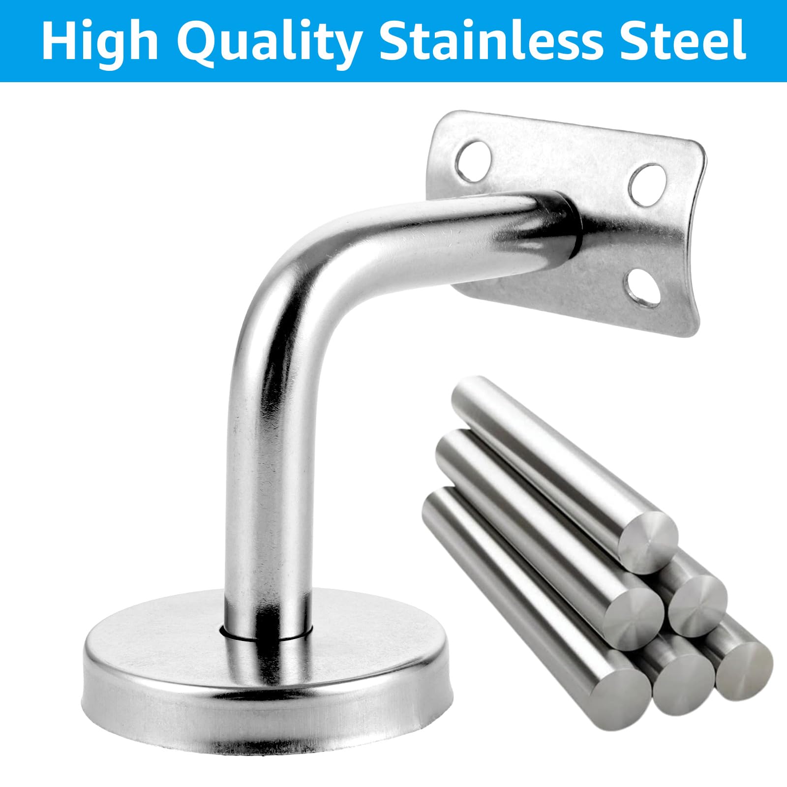 6 soportes para pasamanos de acero inoxidable, 60 x 60 mm, soporte de pared, soporte para pasamanos con roseta, soporte de pasamanos plateado para pasillos, escaleras y baños