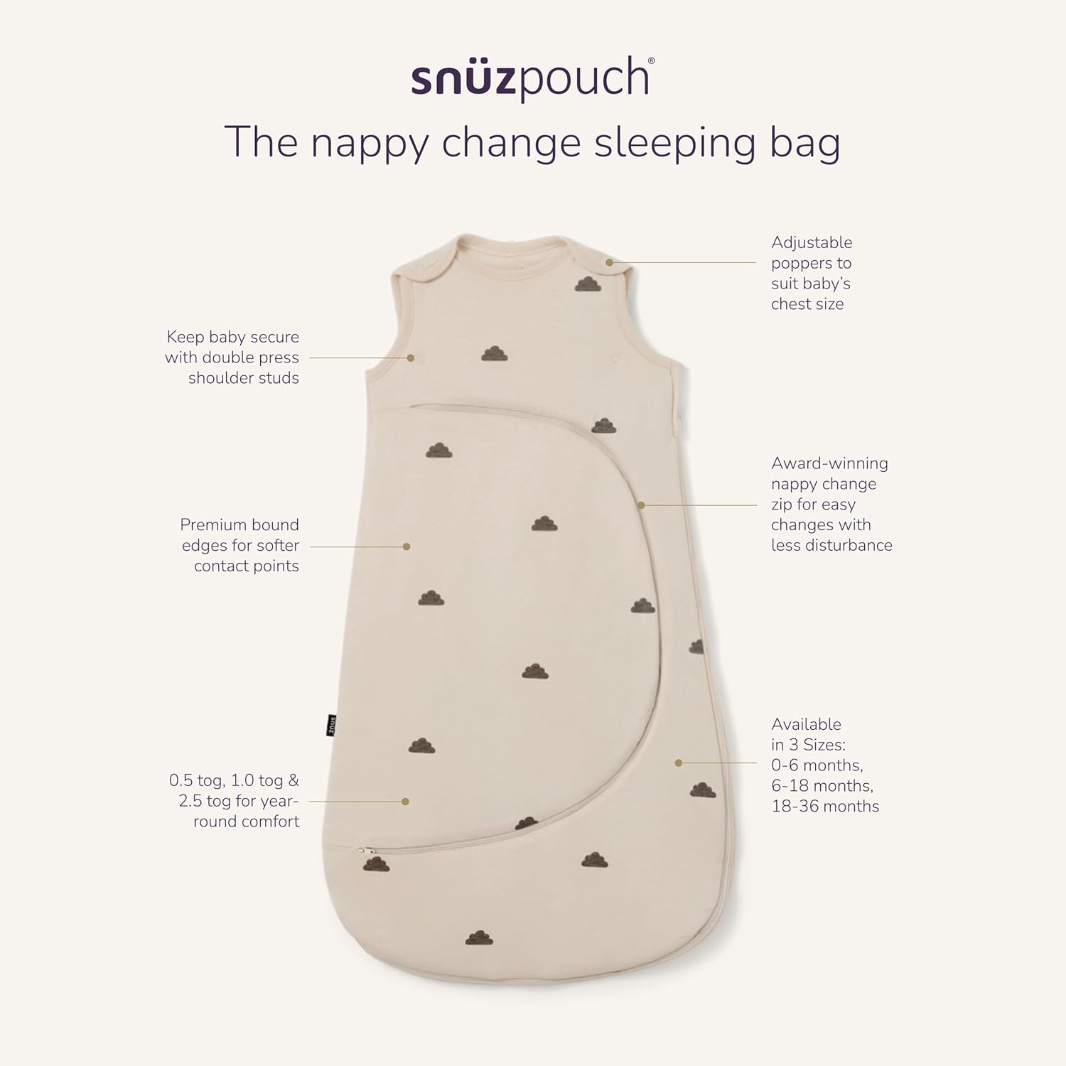 Snuz Baby Sleep Sack with Diaper Zip - Baby Sleeping Bag for Easy Diaper Changes, Super Soft Cotton Sleep Sacks in Summer or Winter Tog with Perfect Fit Poppers, Blush/Dot, 2.5 Tog 0-6M