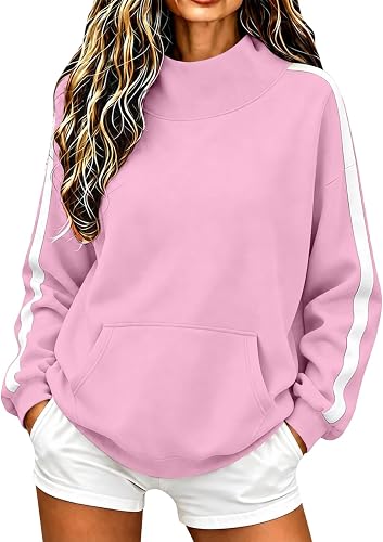 Coal2ToalPW Womens Mock Neck Sweatshirt Striped Sleeve Pullover Top Pink