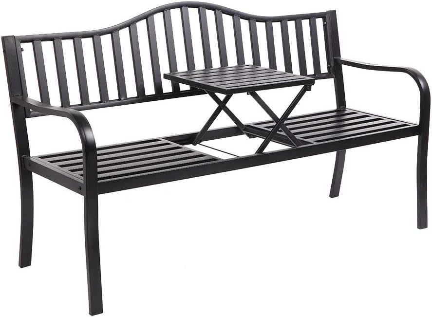 VINGLI 59" Outdoor Metal Bench Patio Bench with Built in Table Park Bench Garden Bench, Outside Benches Weather Proof Front Porch Bench for Yard Lawn Decor Deck