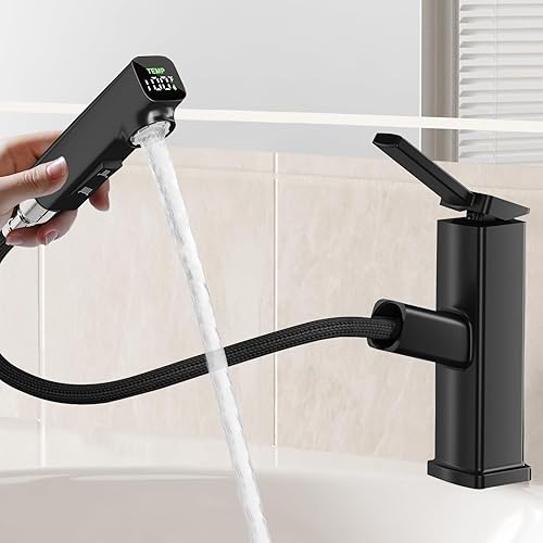 HANLIAN Grifo de Baño Extraíble de 1 Agujero con Pantalla Digital de Temperatura, Grifo de Lavabo de Baño de Una Manija con Pulverizador